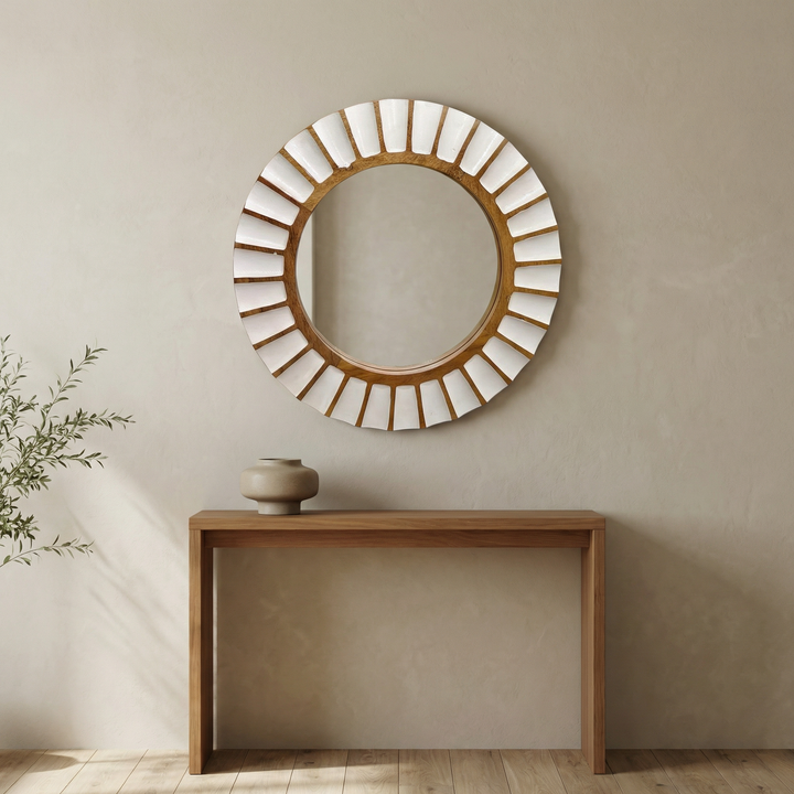 Round Mango Wood Wall Mirror – Whitewashed &amp; Natural Finish