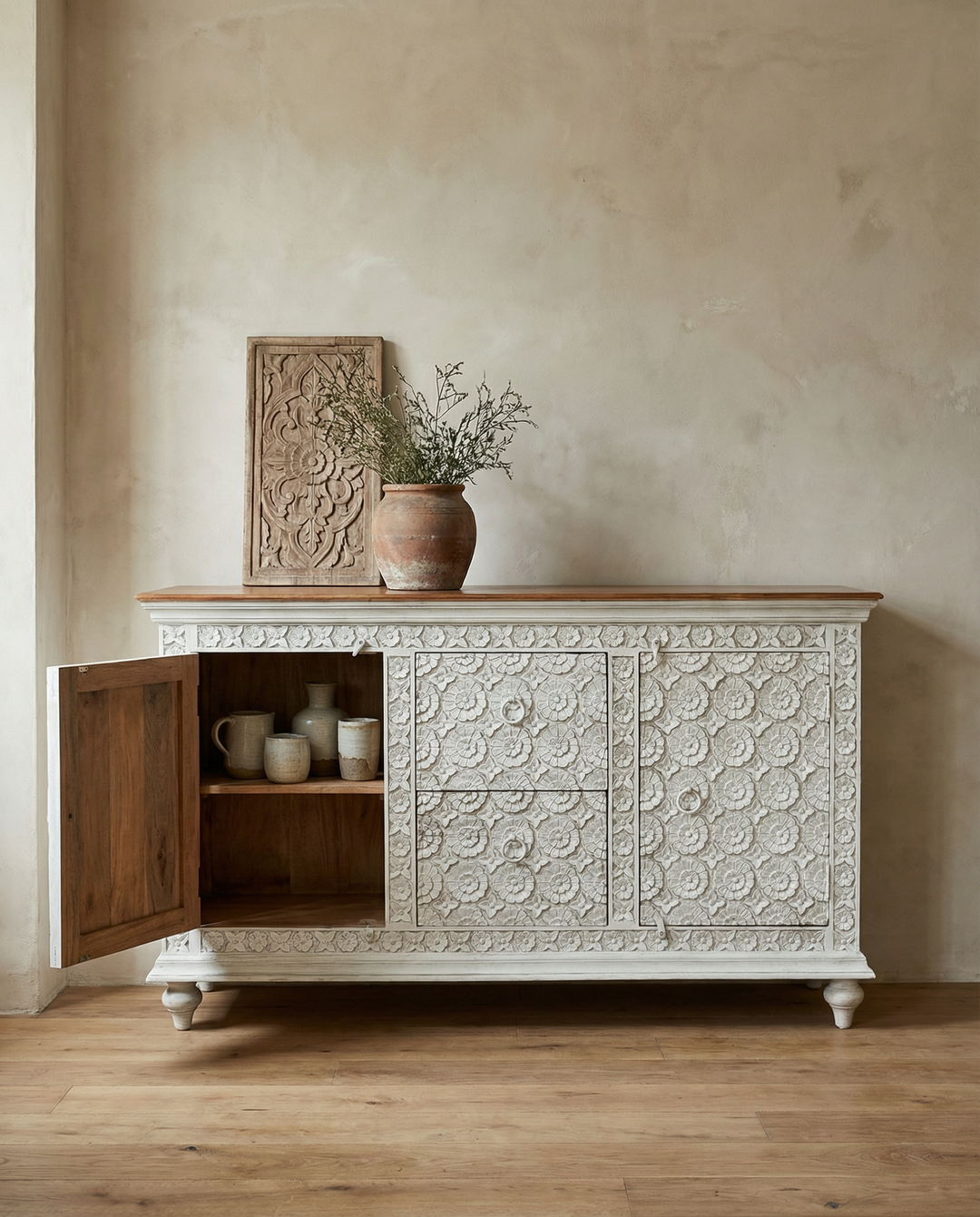 Hand Carved Flower Design Whitewashed Mango Wood Sideboard