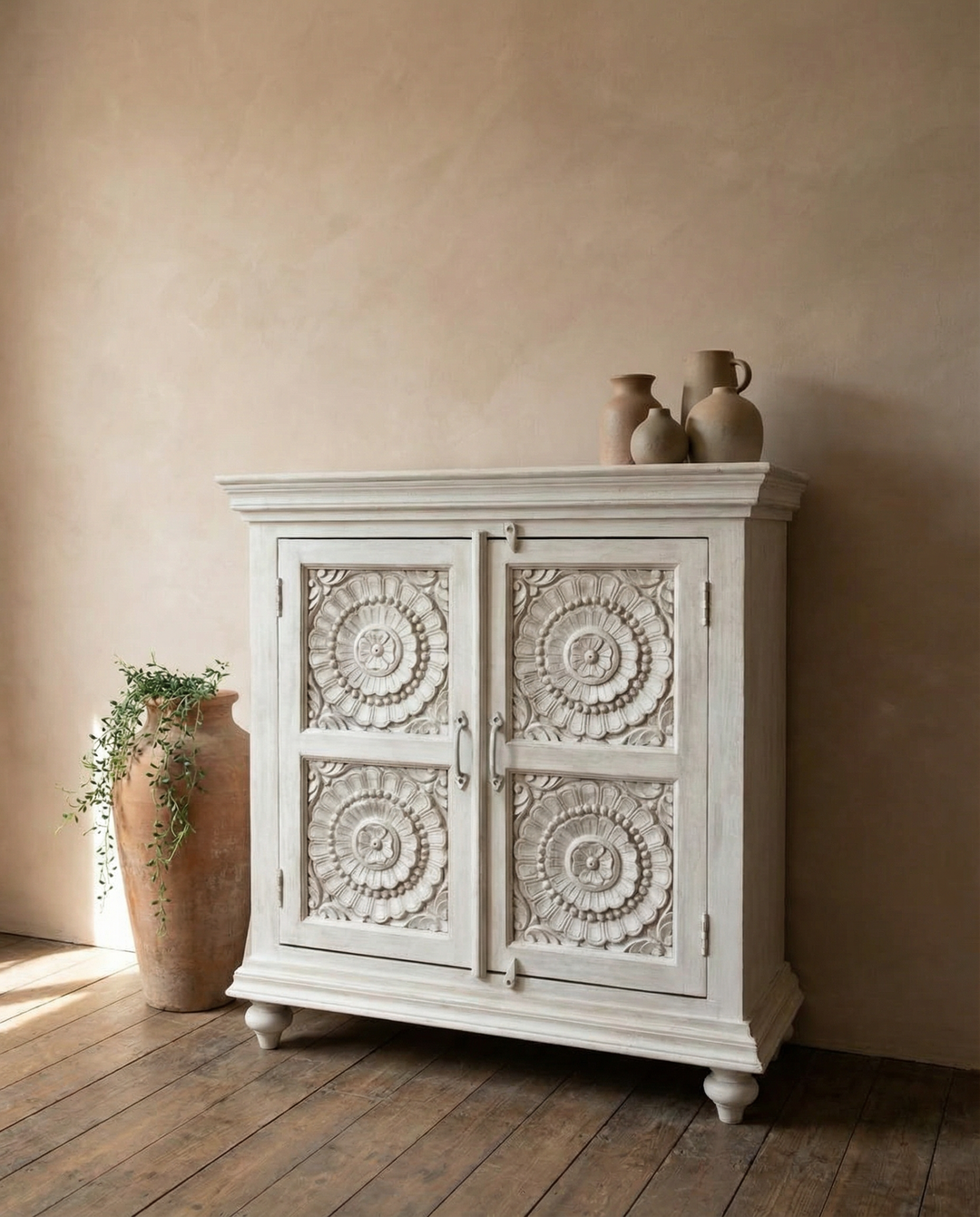 Hand Carved Whitewashed Mango Wood Sideboard