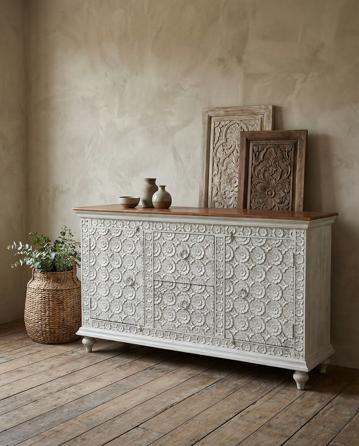 Hand Carved Flower Design Whitewashed Mango Wood Sideboard