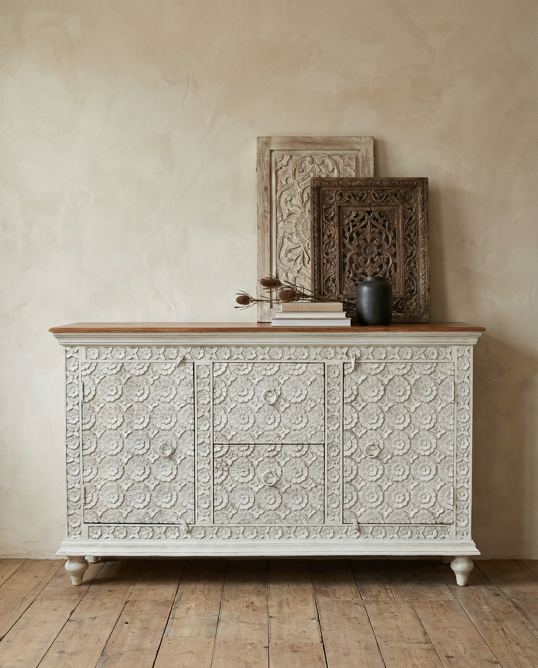 Hand Carved Flower Design Whitewashed Mango Wood Sideboard