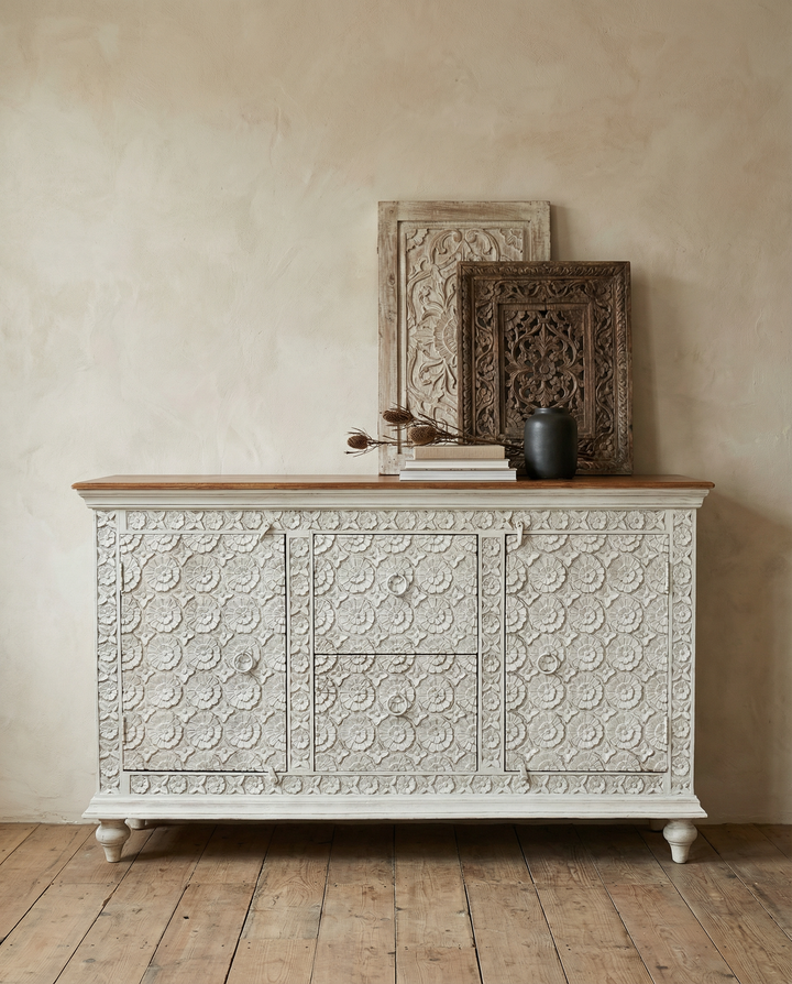 Hand Carved Flower Design Whitewashed Mango Wood Sideboard