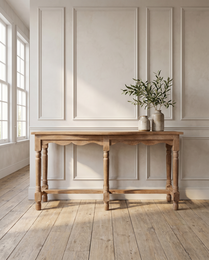 Handcrafted Mango Wood Console Table – Natural Polished Finish with Turned Legs