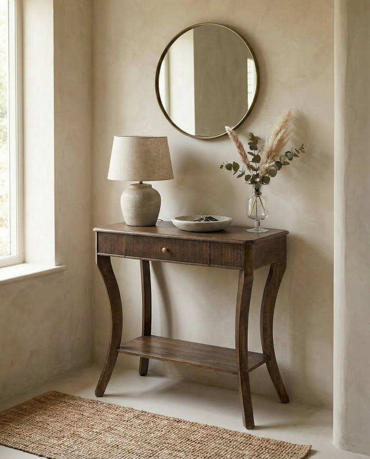Chestnut Washed Mango Wood Console Table with Drawer and Shelf