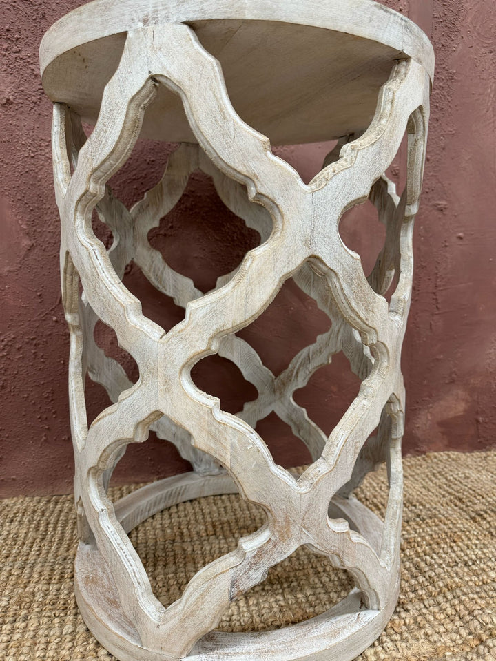 Whitewashed Intricately Carved Round Mango Wood Side Table