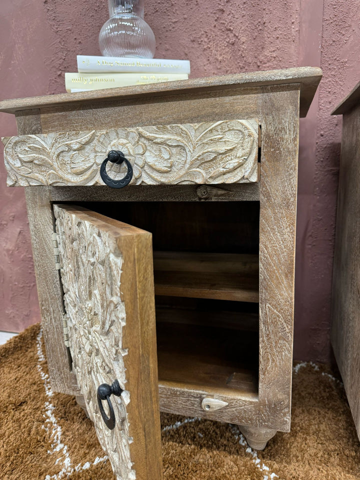 Hand-Carved Sustainable Mango Wood Bedside Tables with Floral Patterns