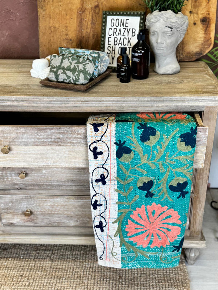 Vintage Hand-Embroidered Kantha Throw – Forest Green with Coral & Navy Floral Panels
