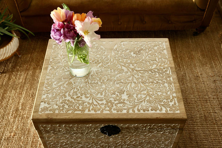 Hand-Carved Mango Wood Trunk – Tree of Life Design with Whitewashed Finish