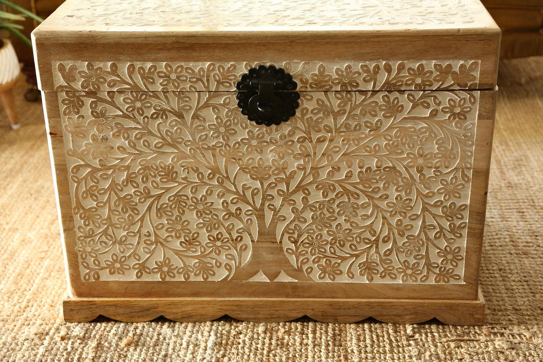 Hand-Carved Mango Wood Trunk – Tree of Life Design with Whitewashed Finish