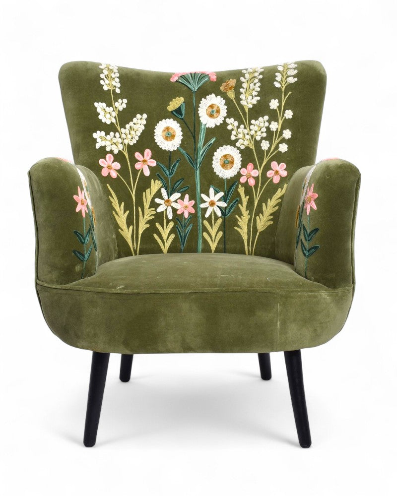 Green Velvet Hand-Embroidered Wingback Armchair