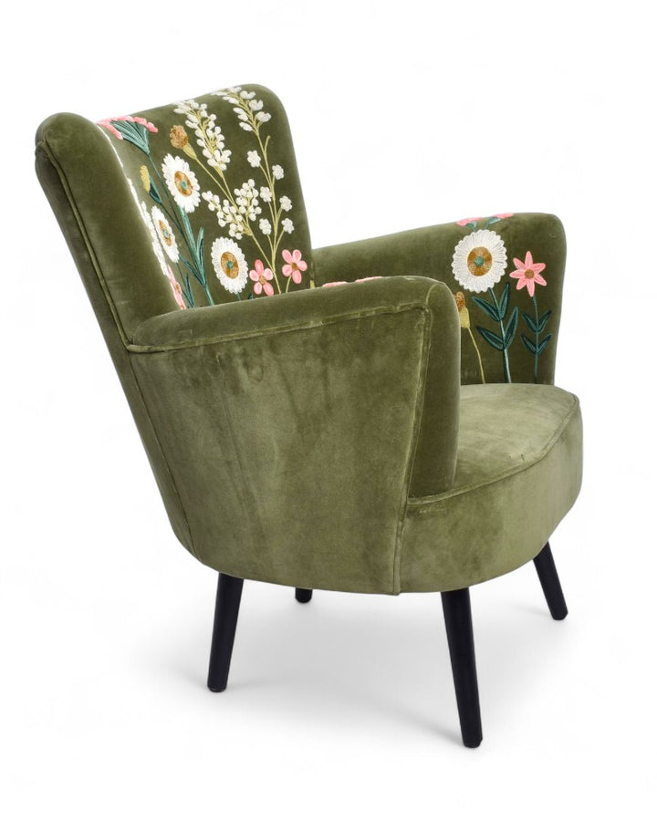 Green Velvet Hand-Embroidered Wingback Armchair