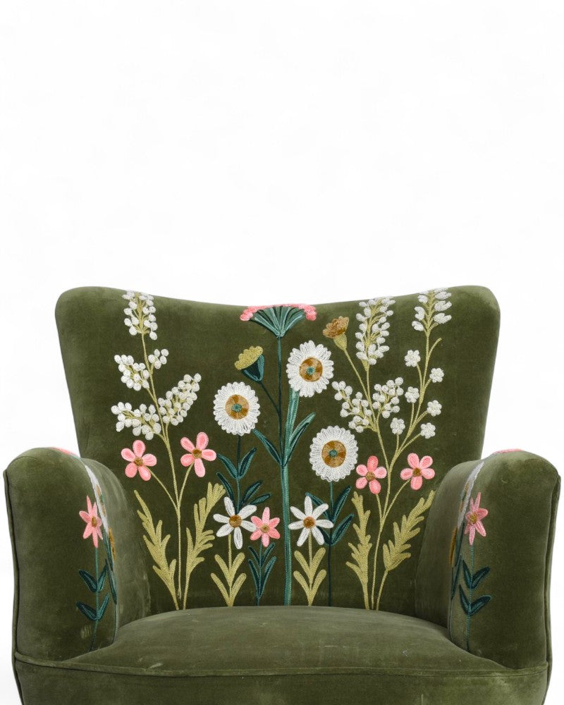 Green Velvet Hand-Embroidered Wingback Armchair