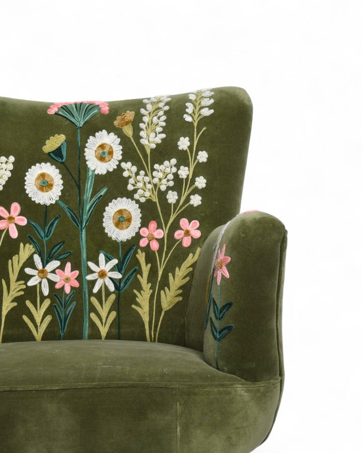 Green Velvet Hand-Embroidered Wingback Armchair