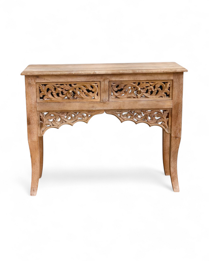 Hand-Carved Mango Wood Console Table – Natural Polished Finish with Floral Openwork