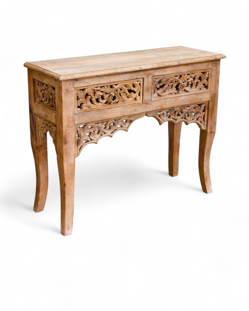 Hand-Carved Mango Wood Console Table – Natural Polished Finish with Floral Openwork