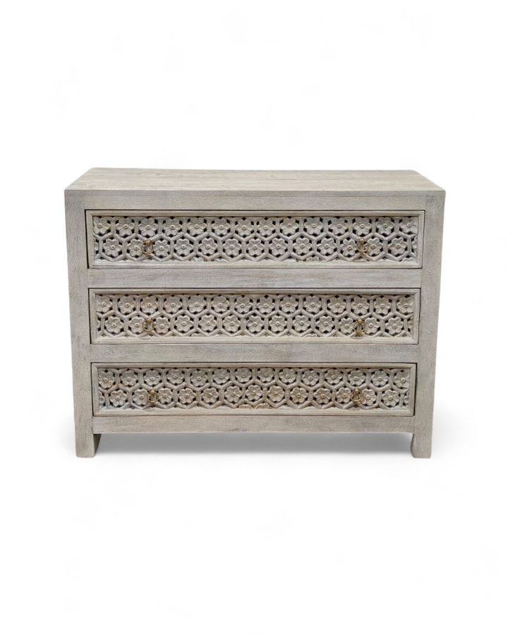 Hand-Carved Mango Wood Three Drawer Chest – Petal Design in Creamwash Finish