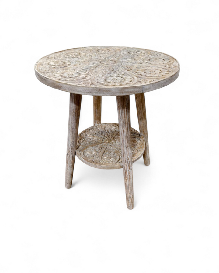 Hand-Carved Mango Wood Circular Side Table with Shelf – Creamwash Floral Design
