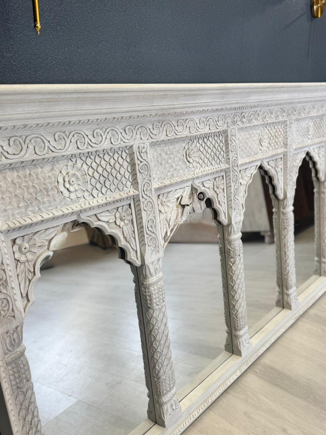 Hand-Carved Mango Wood 4 Arch Mirror – Traditional Temple-Inspired Design