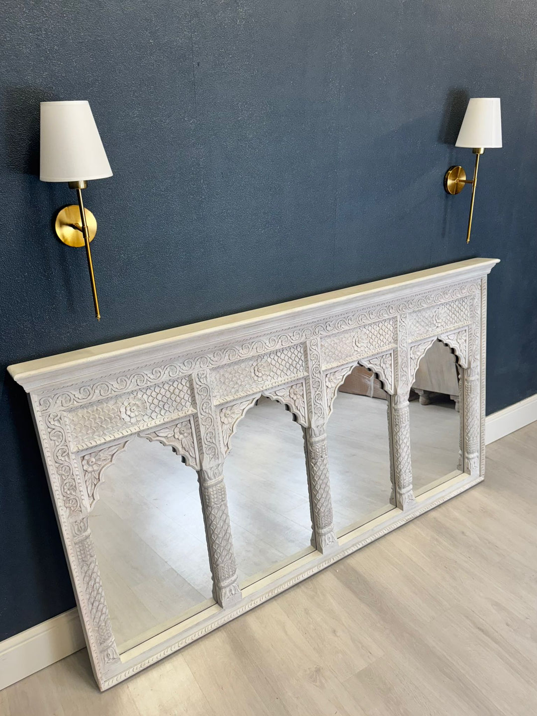 Hand-Carved Mango Wood 4 Arch Mirror – Traditional Temple-Inspired Design