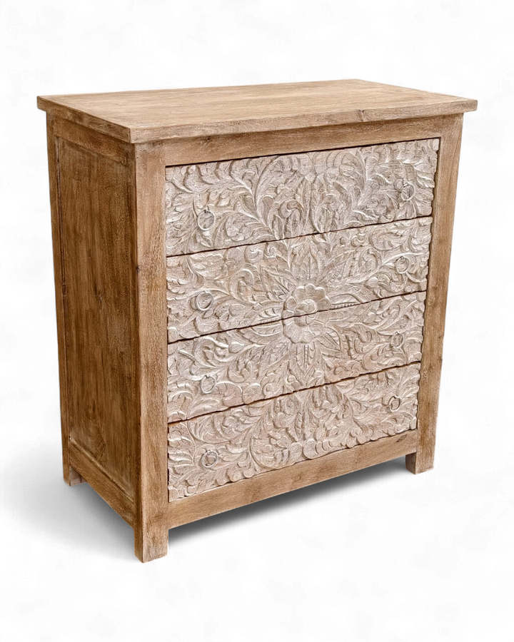 Hand-Carved Mango Wood 4 Drawer Chest of Drawers