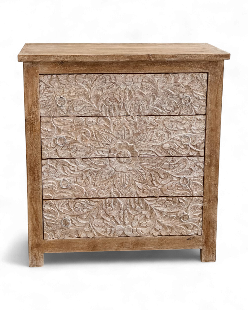 Hand-Carved Mango Wood 4 Drawer Chest of Drawers