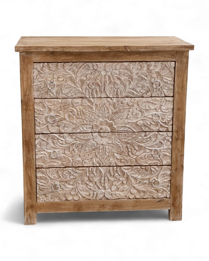 Hand-Carved Mango Wood 4 Drawer Chest of Drawers