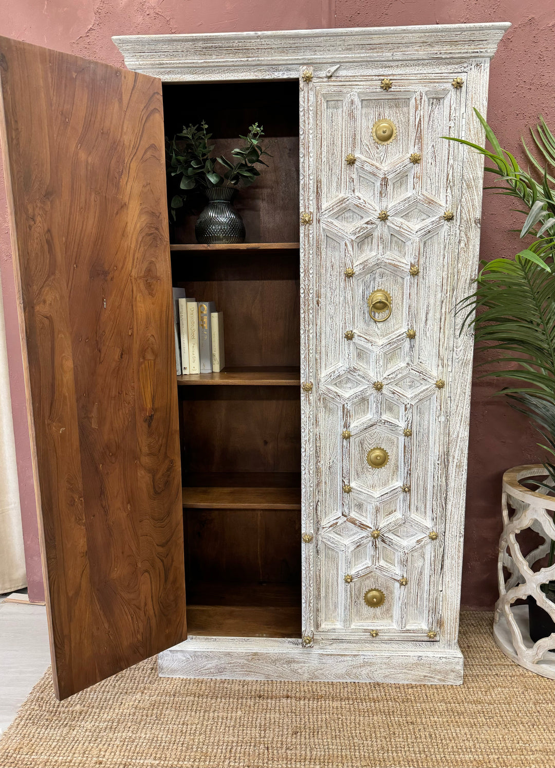 Natural Mango Wood Hand Carved Armoire / Cabinet