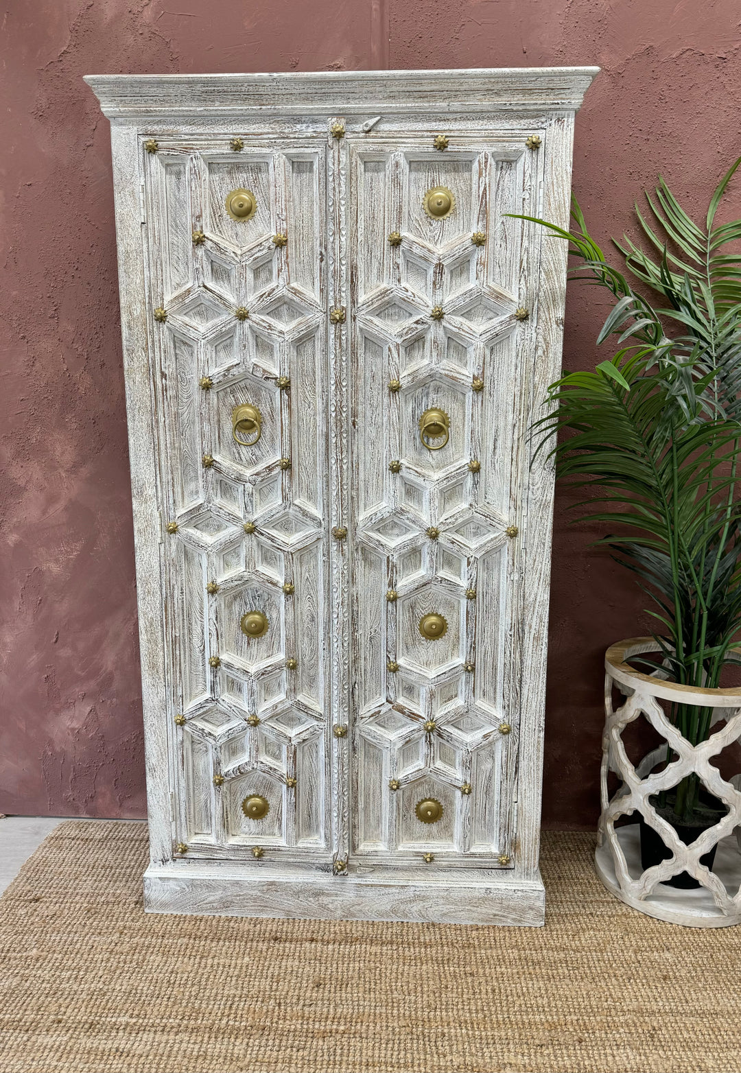 Natural Mango Wood Hand Carved Armoire / Cabinet