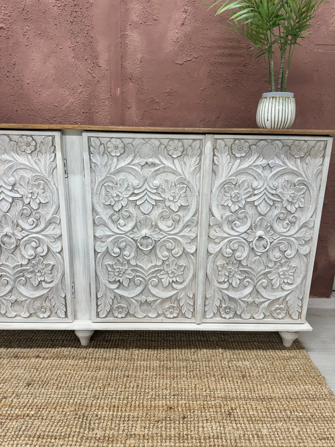 Intricately Hand Carved Mango Wood Four Door Sideboard