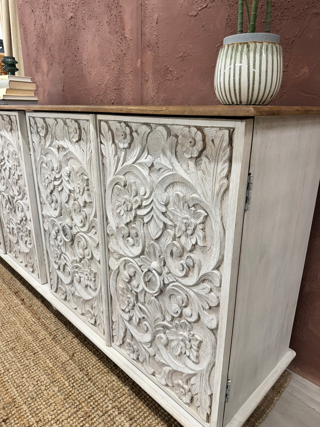 Intricately Hand Carved Mango Wood Four Door Sideboard