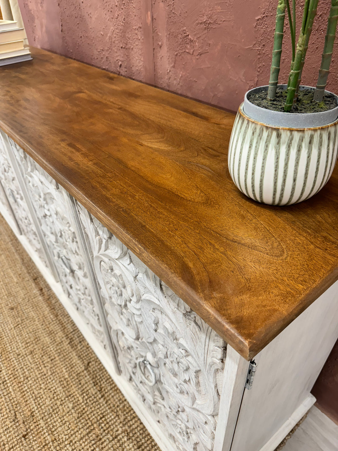 Intricately Hand Carved Mango Wood Four Door Sideboard