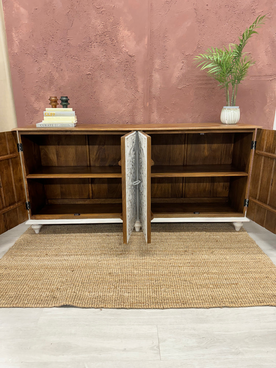 Intricately Hand Carved Mango Wood Four Door Sideboard