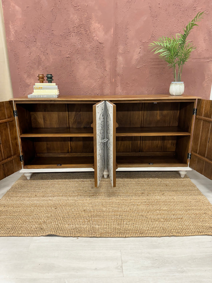 Intricately Hand Carved Mango Wood Four Door Sideboard