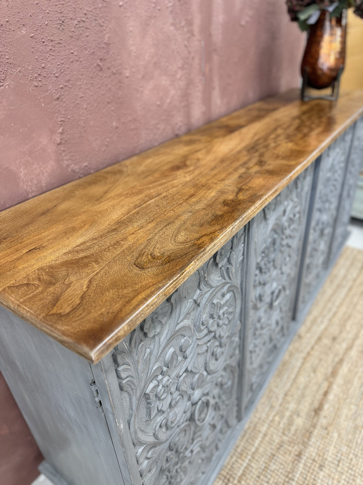 Intricately Hand Carved Mango Wood Four Door Sideboard