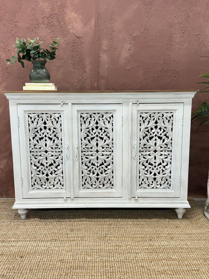 Hand Carved Three Door Sideboard with Intricate Petal Detailing - (KHSD84)