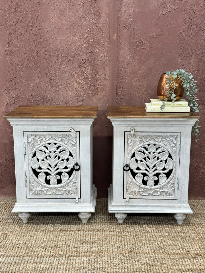 Pair of Small Hand Carved Bedside Tables