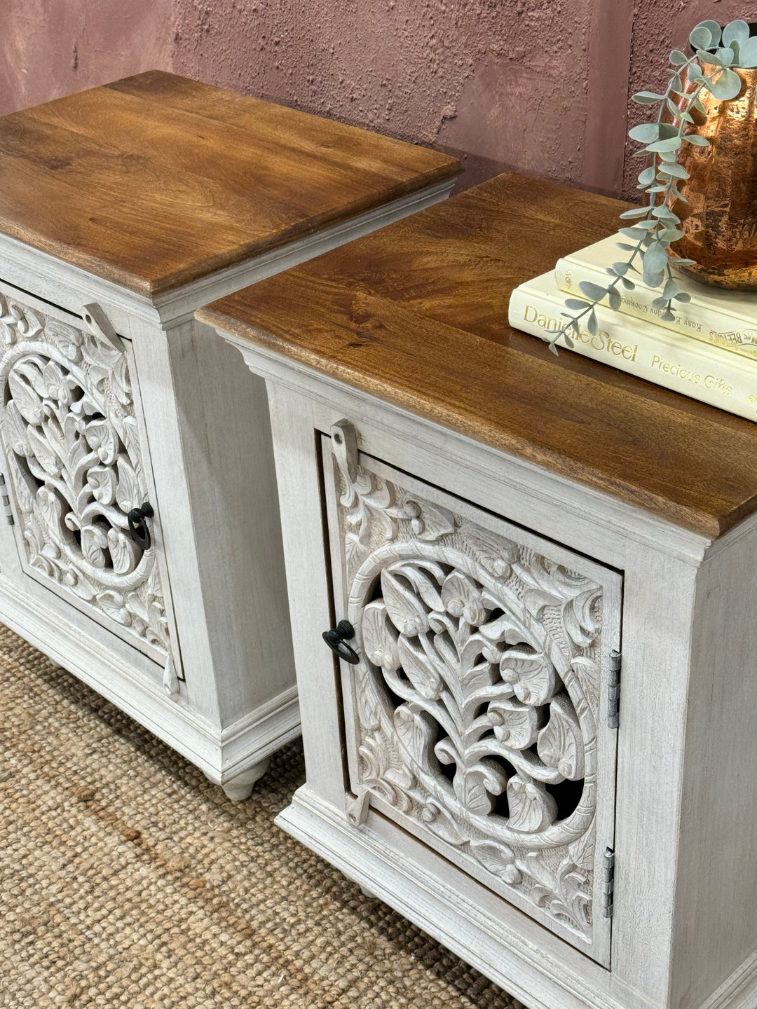 Pair of Small Hand Carved Bedside Tables