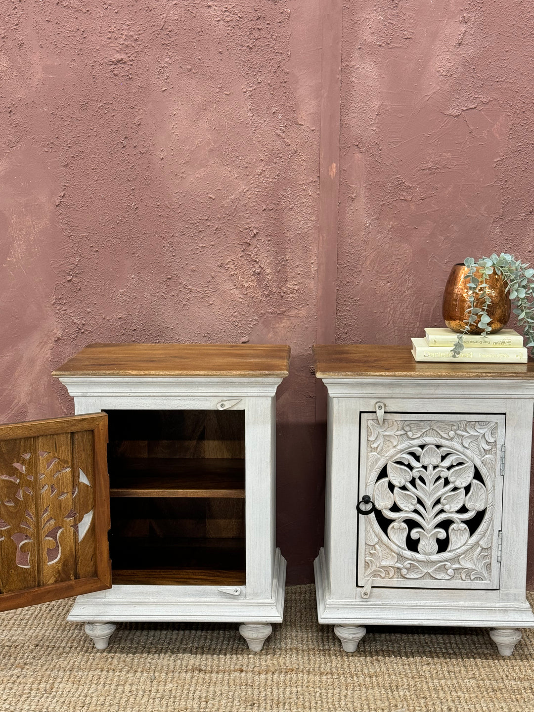 Pair of Small Hand Carved Bedside Tables