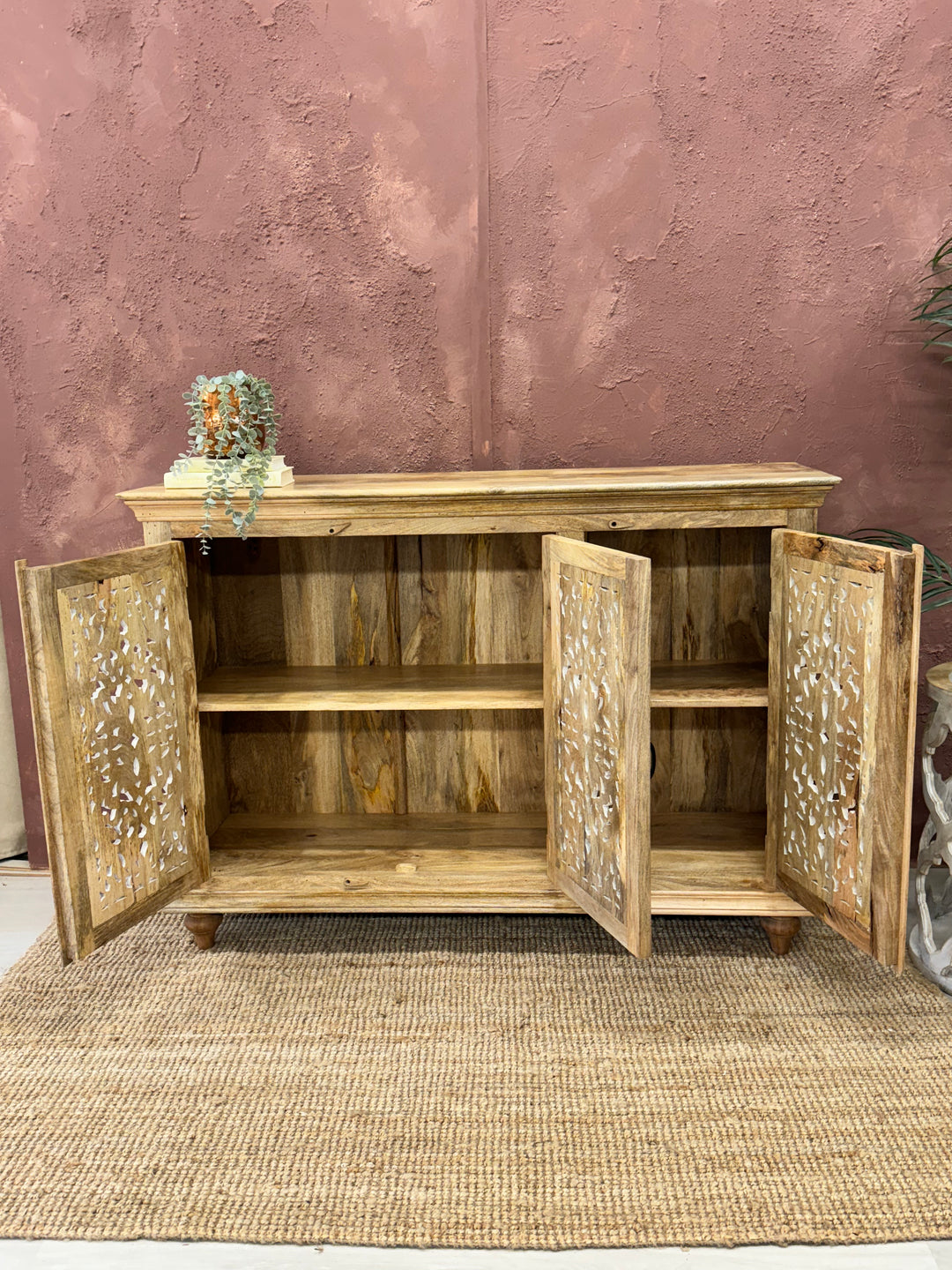 Hand Carved Three Door Sideboard with Intricate Petal Detailing - (KHSD84)
