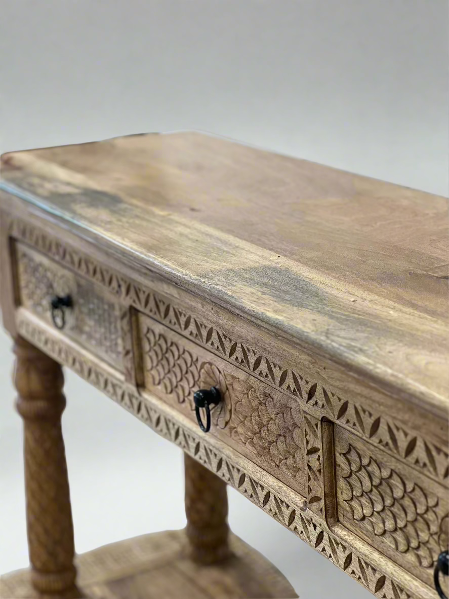 Hand Carved 3 Drawer Mango Wood Console Table