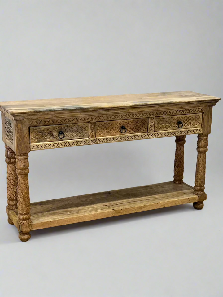 Hand Carved 3 Drawer Mango Wood Console Table