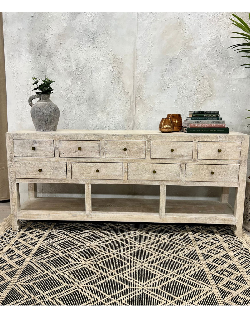 Long whitewashed multi drawer console table