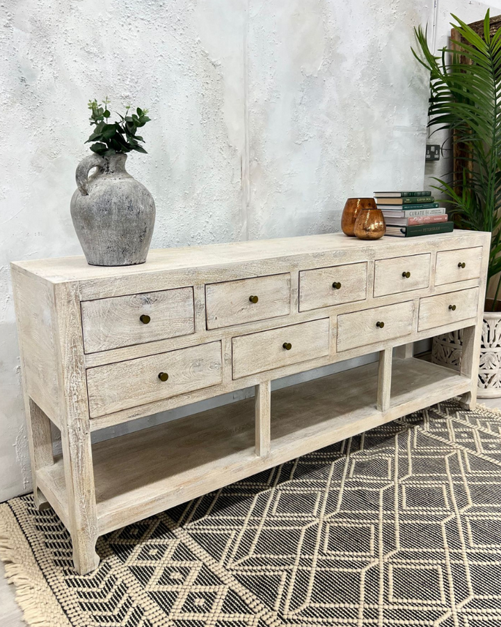 Long whitewashed multi drawer console table