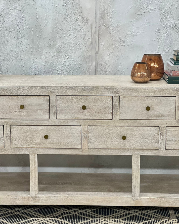 Long whitewashed multi drawer console table