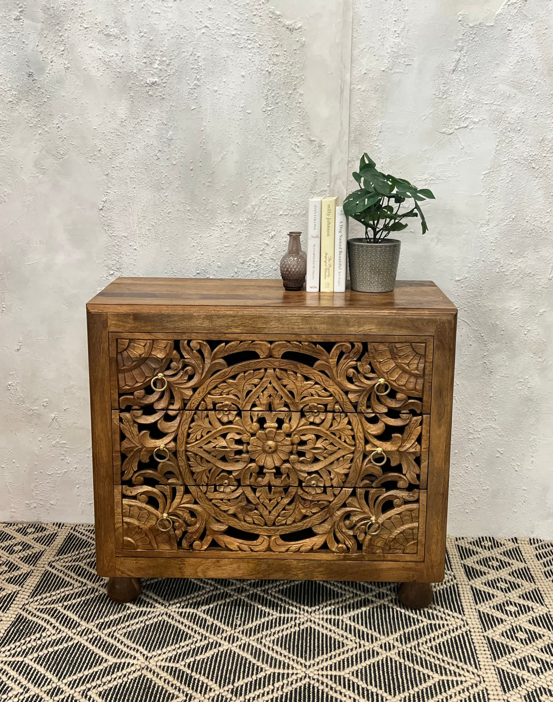 Hand Carved Mango Wood 3 Drawer Chest of Drawers