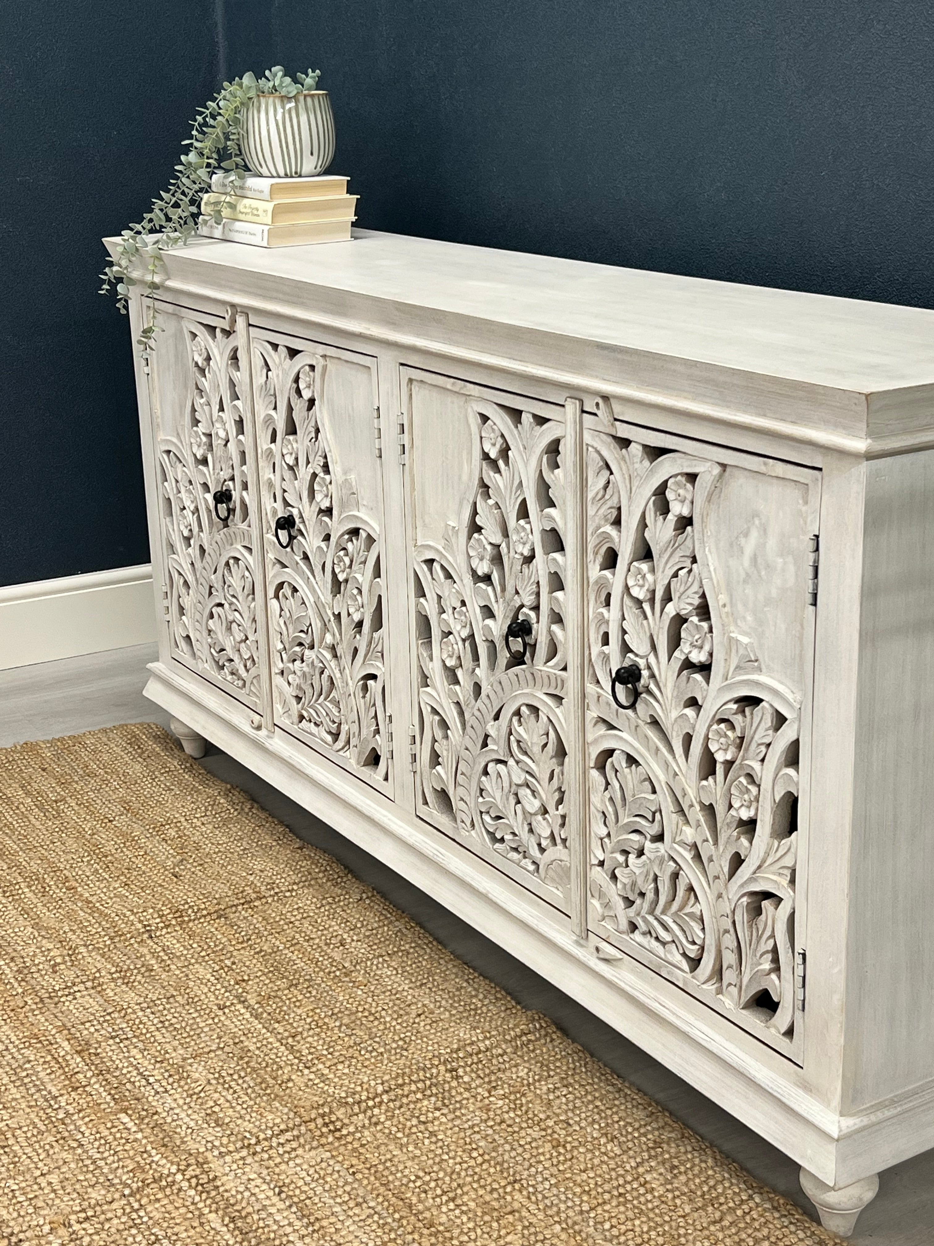 Carved on sale wood credenza