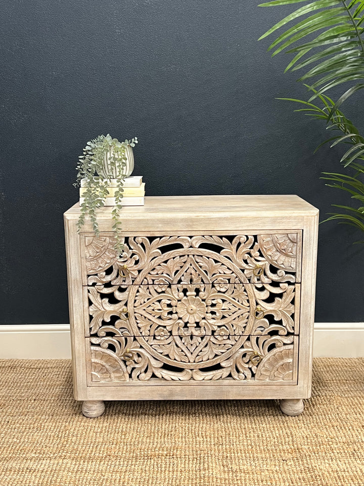 Hand Carved Whitewashed 3 Drawer Chest