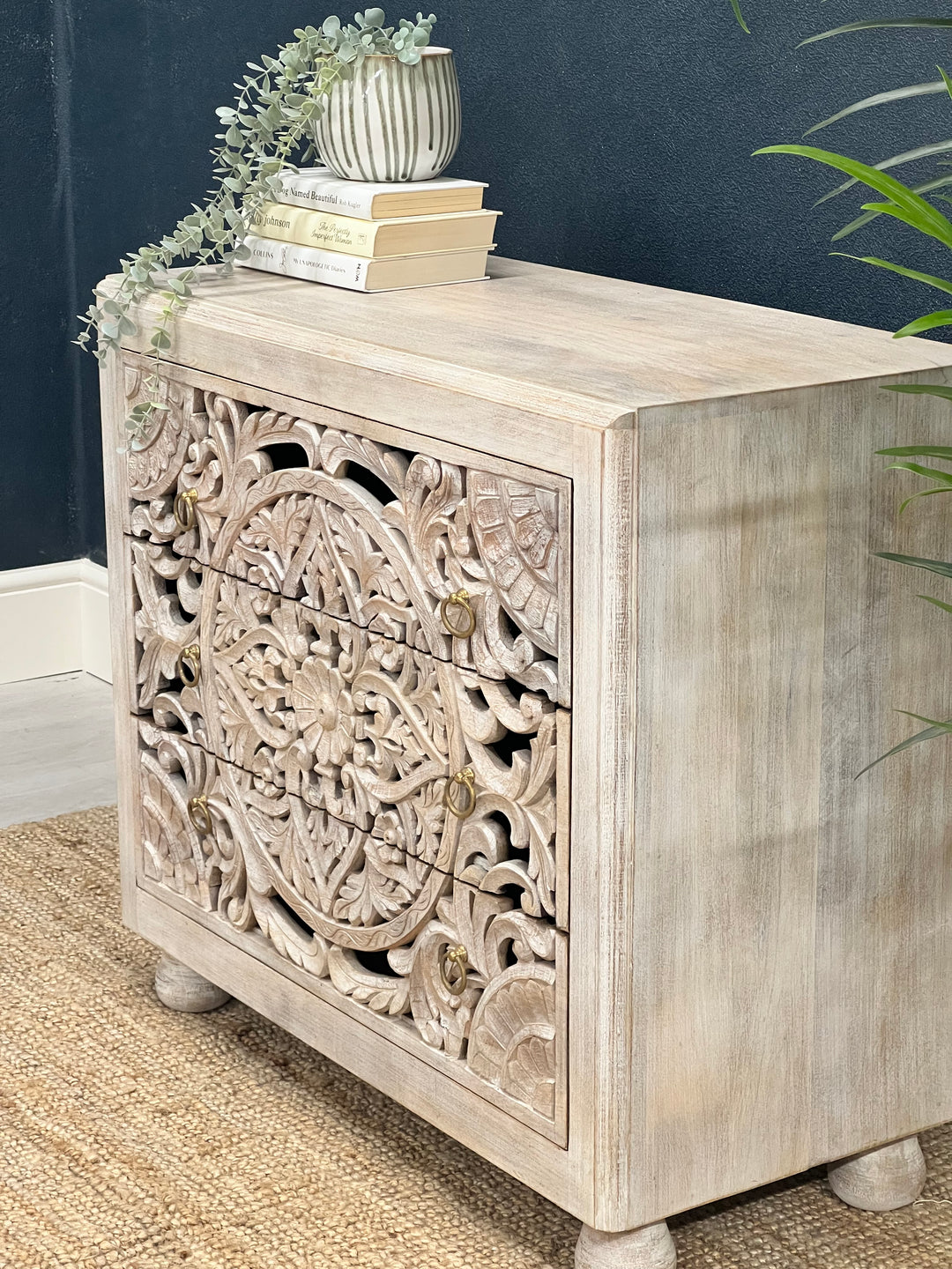 Hand Carved Whitewashed 3 Drawer Chest