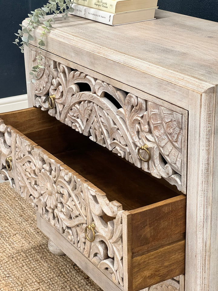 Hand Carved Whitewashed 3 Drawer Chest