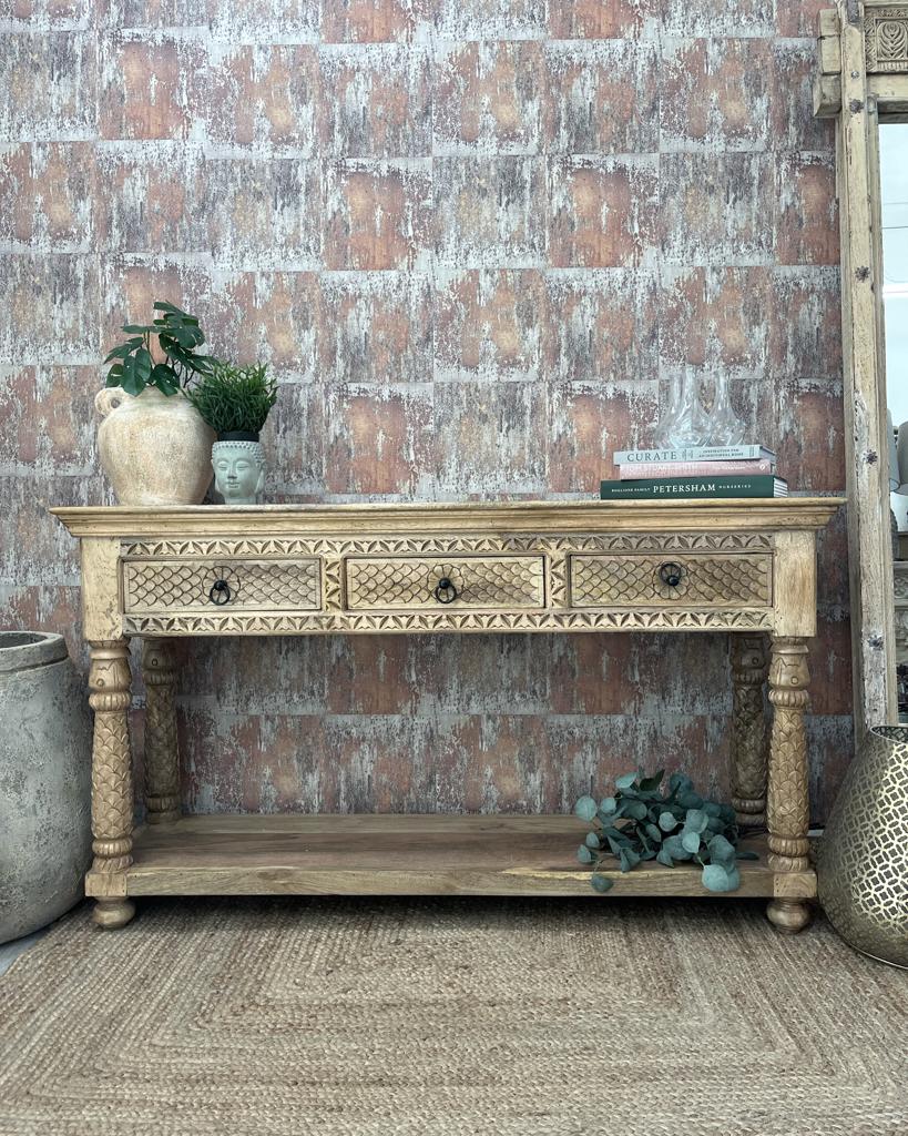 Hand Carved 3 Drawer Mango Wood Console Table